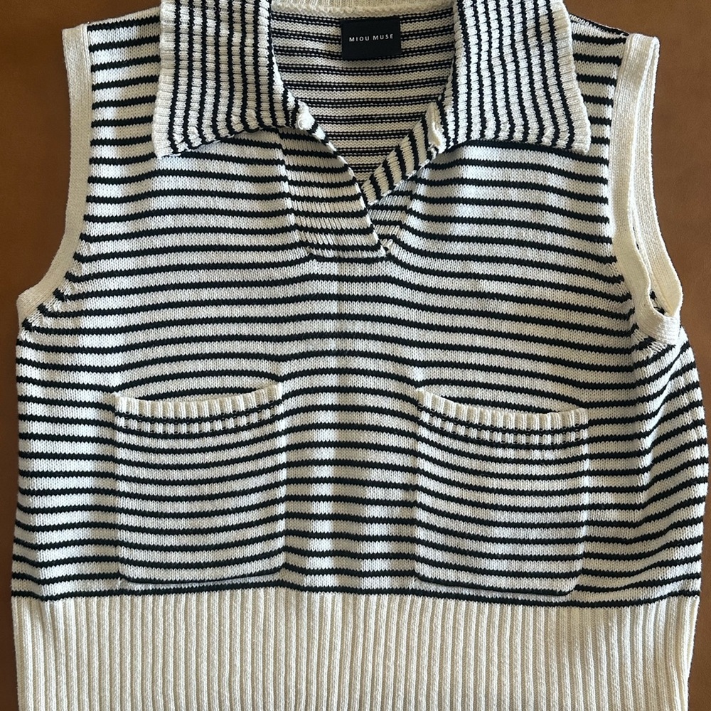 Miou Muse Women's Black & Cream Striped Knit Collared Tank